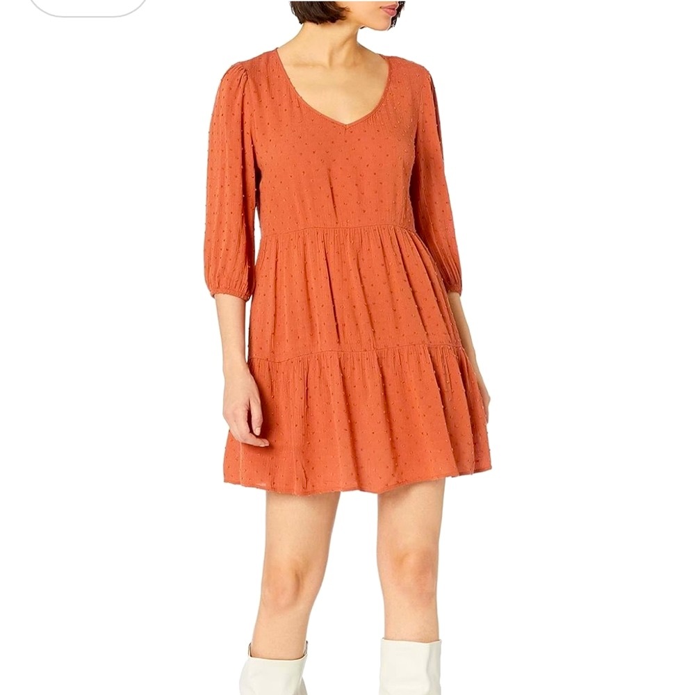 Speechless Orange Scoop Neck Mini Dress 3/4 Bishop Sleeve